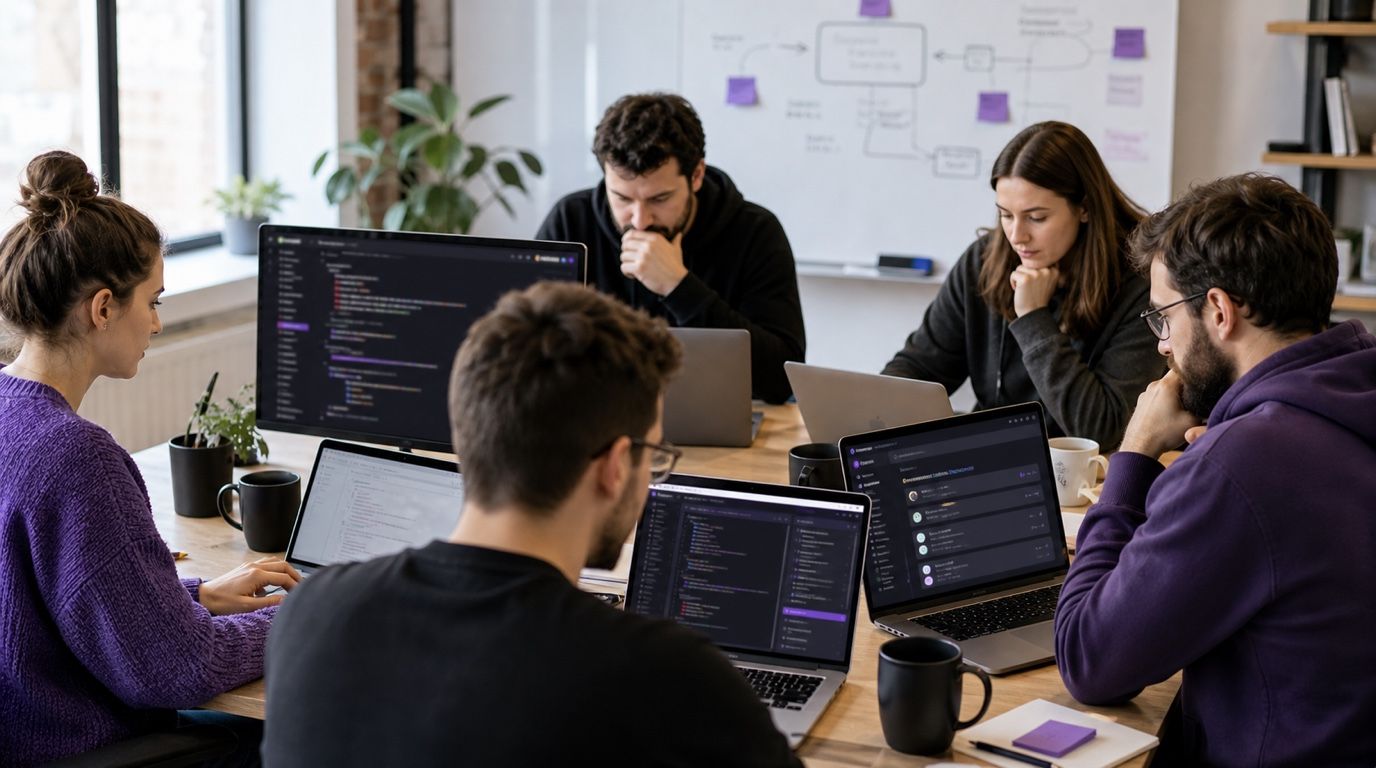 5 způsobů jak AI zrychlí práci týmu: realistický vývojářský tým s AI workflow na obrazovkách