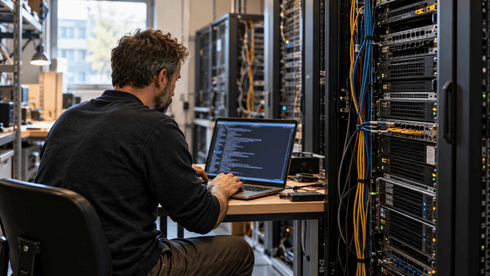 Správce kontroluje aktualizaci serverů na notebooku v serverovně