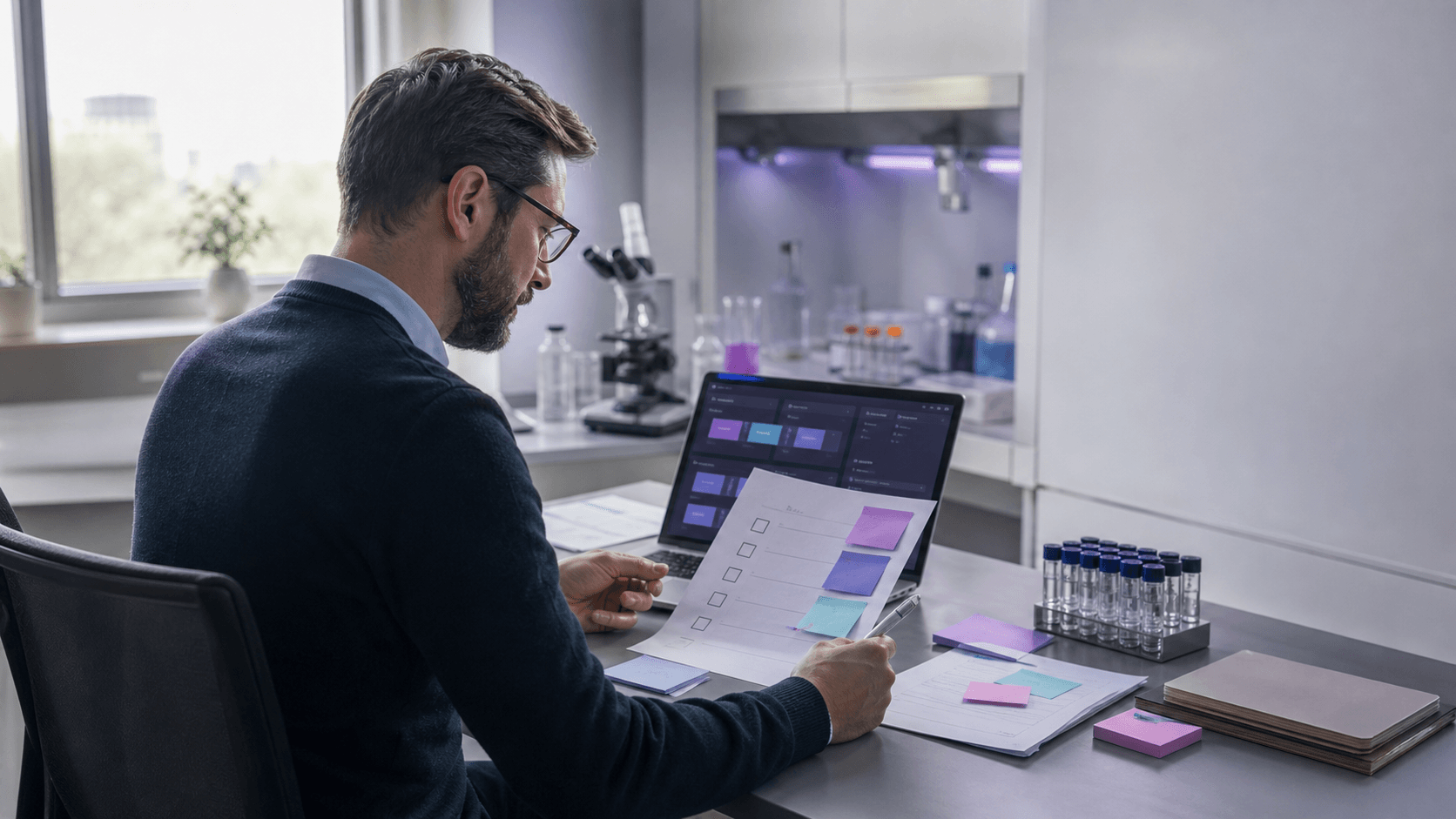 Realistická R&D kancelář a laboratoř, kde člověk validuje návrhy vytvořené AI agentem