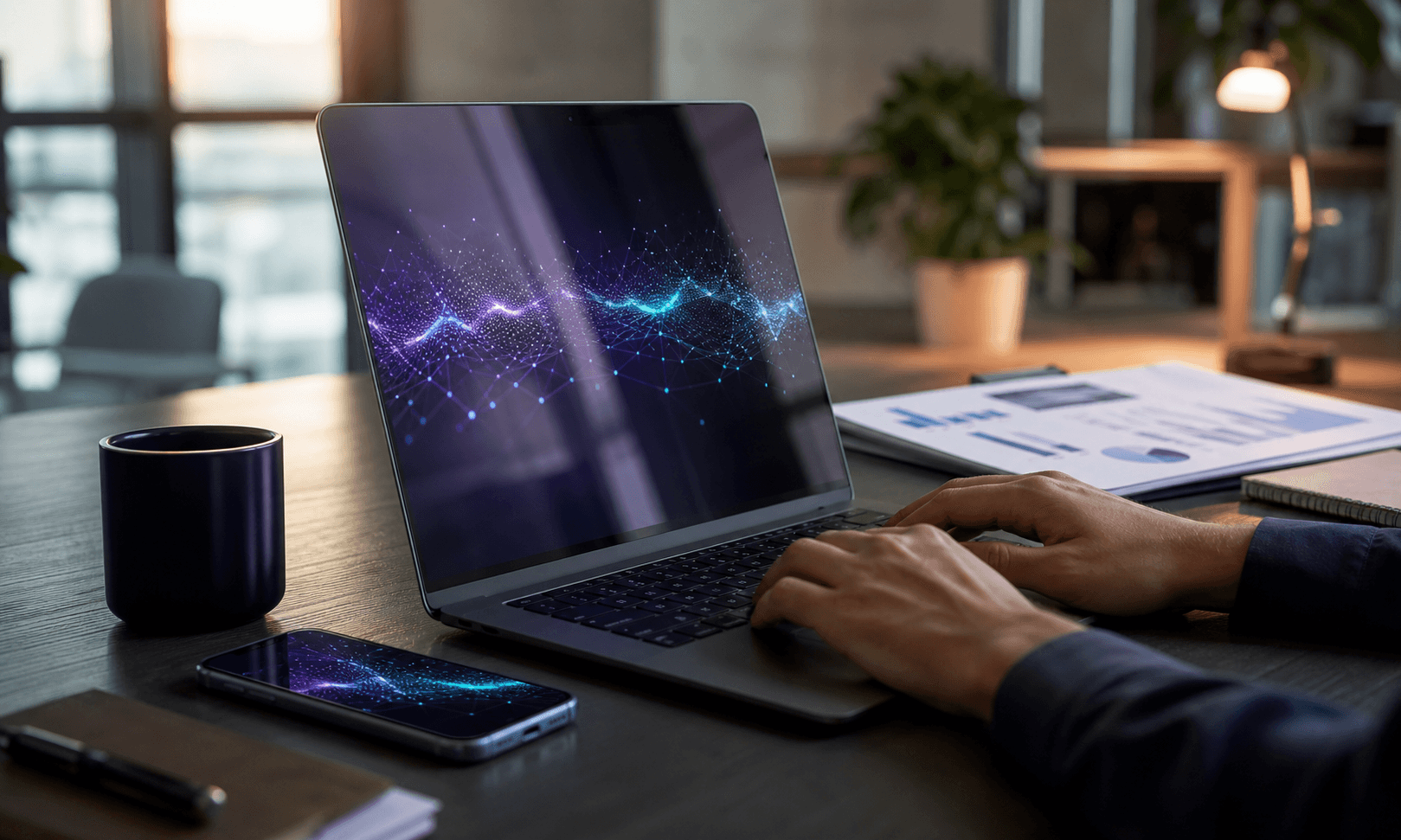 Pracovní stůl s notebookem a telefonem ukazující lokální AI zpracování ve firemním workflow