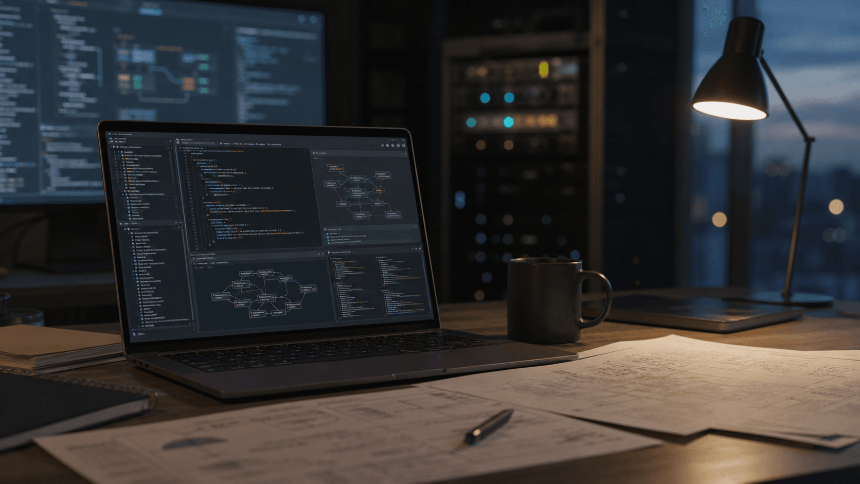 Realistické pracovní prostředí s notebookem, dokumenty a abstraktním agentním workflow na obrazovce