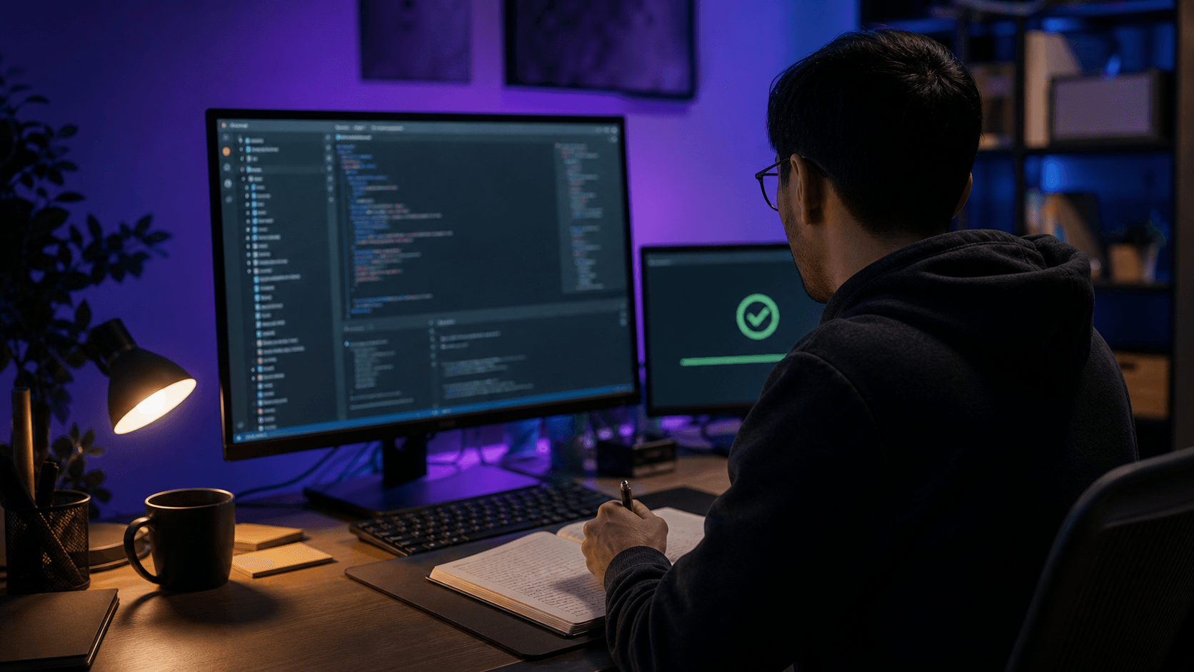Vývojář ověřující výstup AI coding agenta proti projektu a testům
