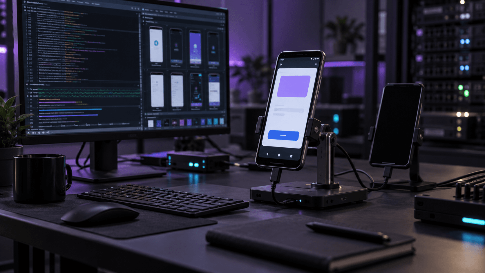 Android telefony v testovací laboratoři řízené AI coding agentem