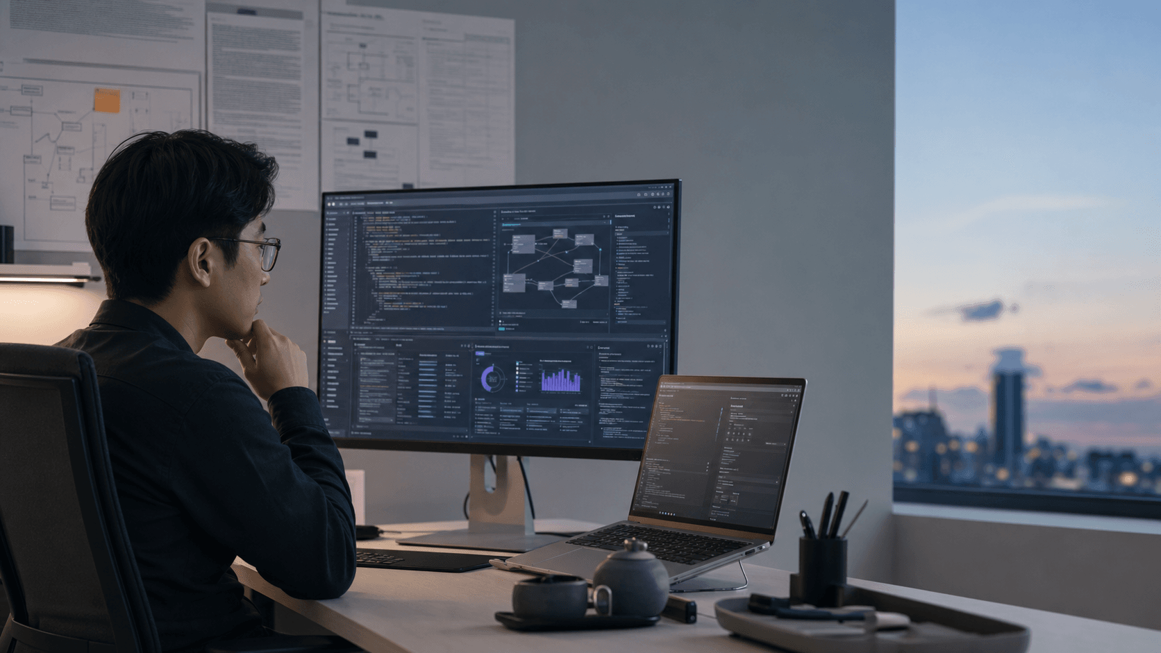 Realistické pracoviště vývojáře, který kontroluje agentní coding workflow na monitoru