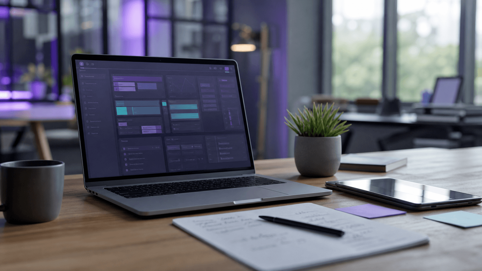 Realistický cover: notebook s interním dashboardem pro článek o Codex Sites