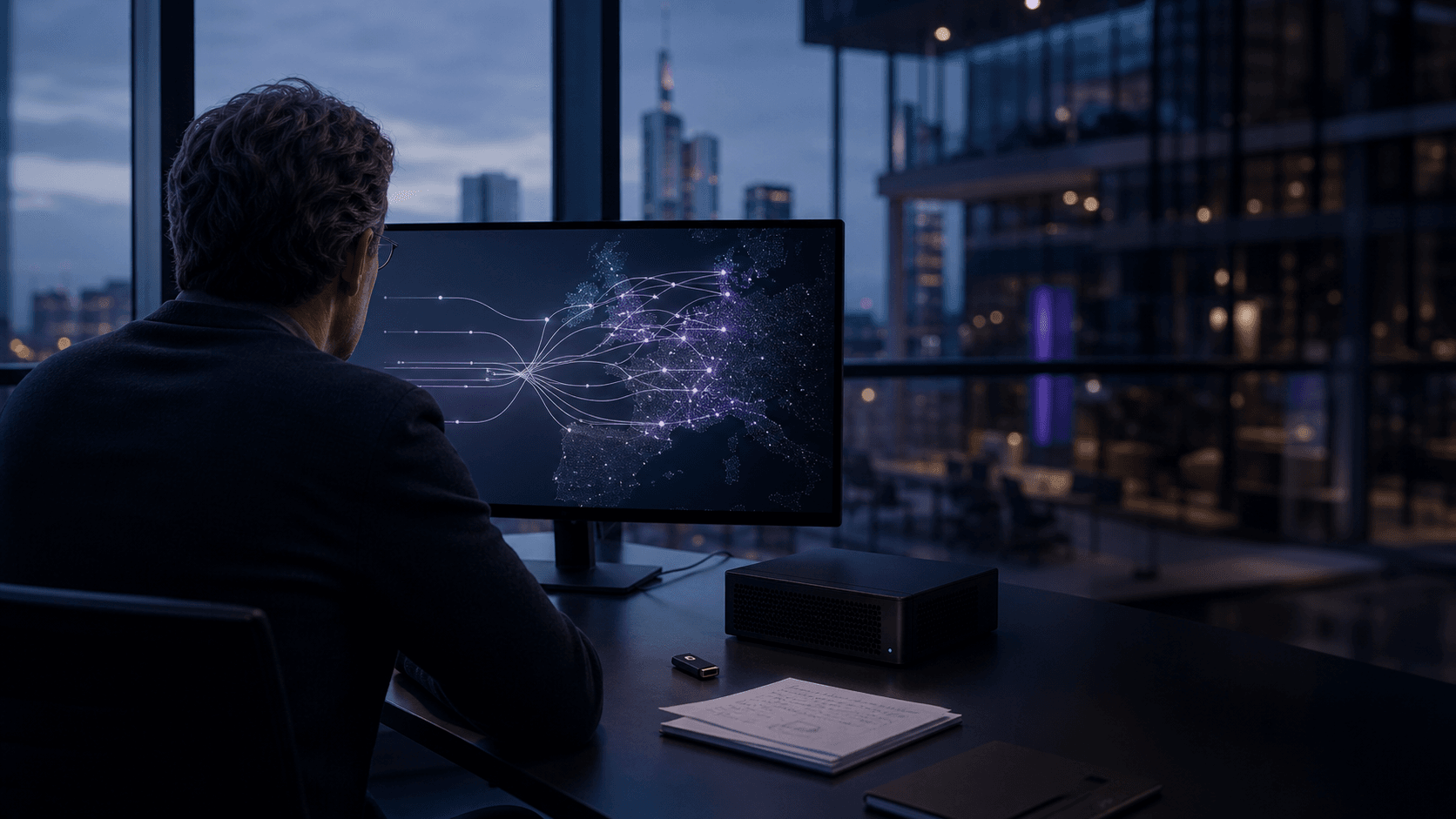 Realistický evropský technologický pracovní prostor s monitorem ukazujícím směrování dat uvnitř Evropy