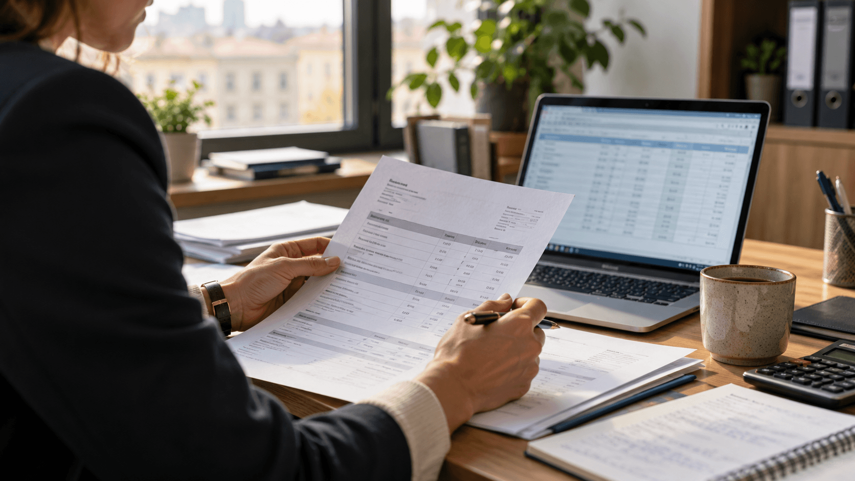 AI illustration: finance professional reviewing invoice records