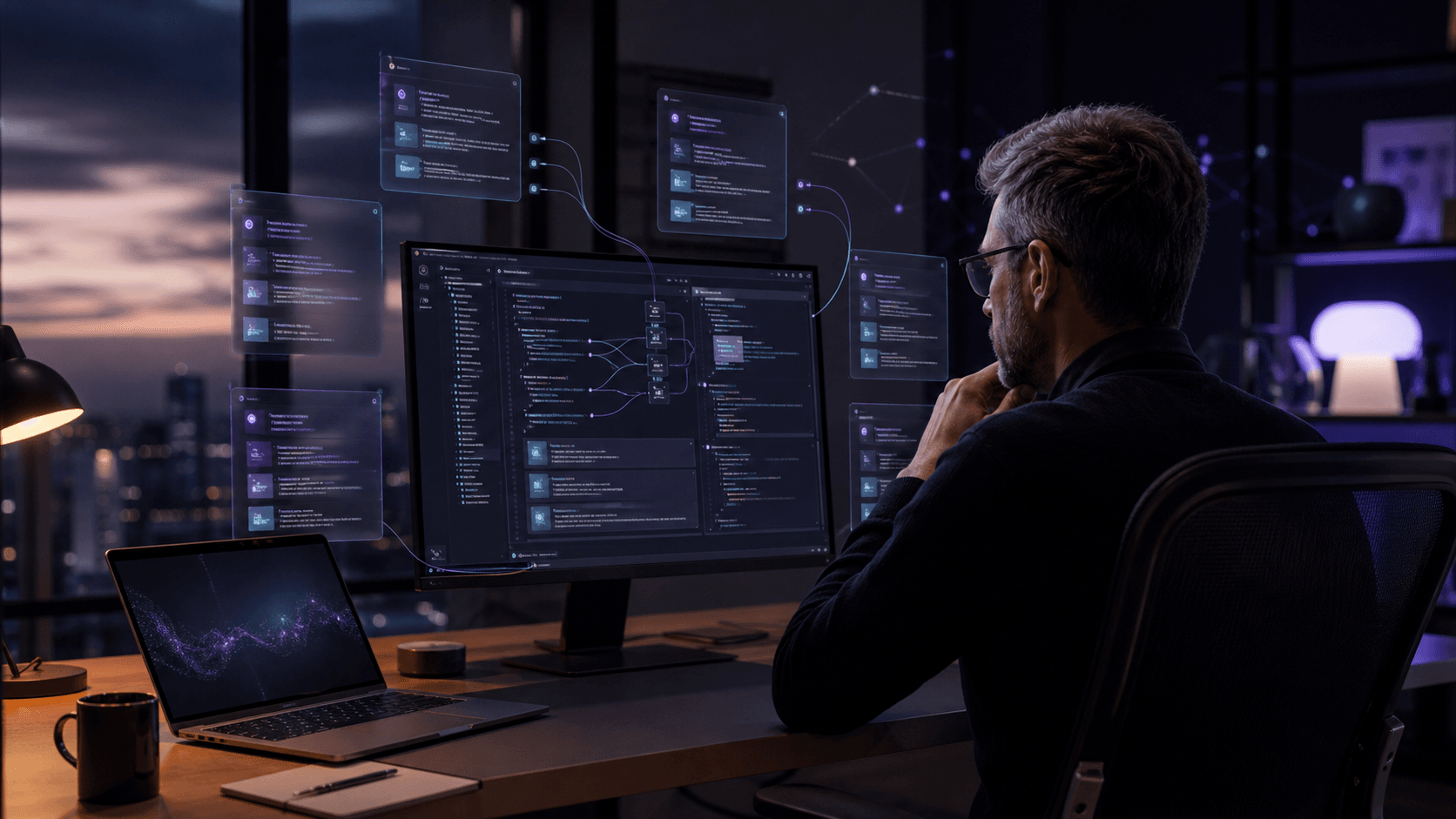 Realistický cover: vývojář řídí více AI agentů v Claude Code na pracovním monitoru