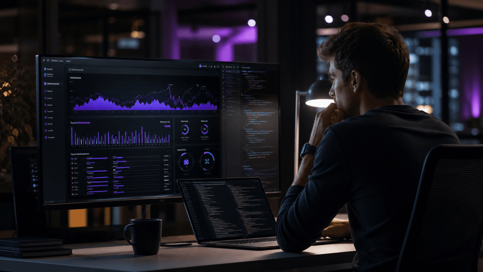 Realistický cover: vývojář sleduje náklady a využití AI coding agentů na dashboardu