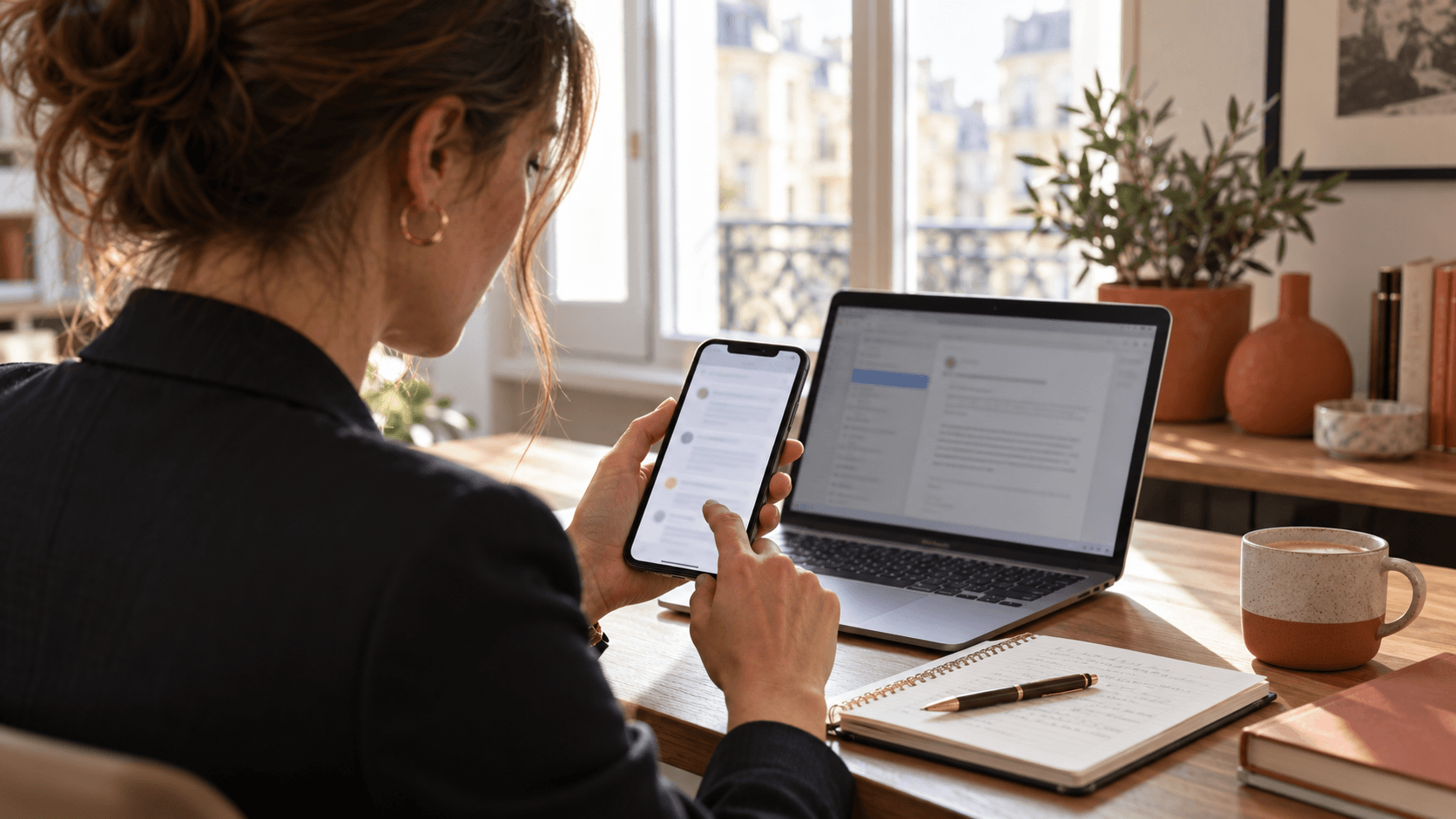 Professional reviewing an assistant message on a phone