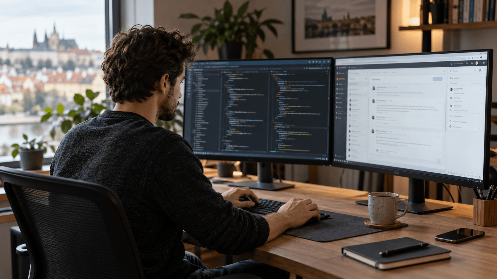 Developer reviewing code and an internal support application