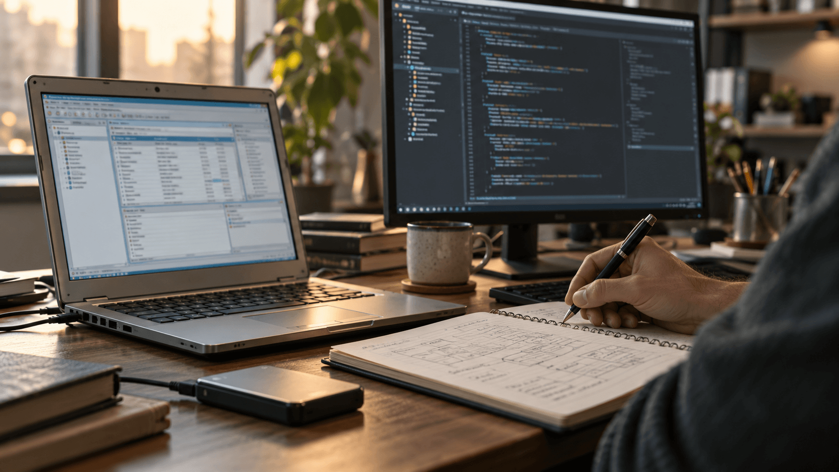Engineer comparing a legacy application with code and notes