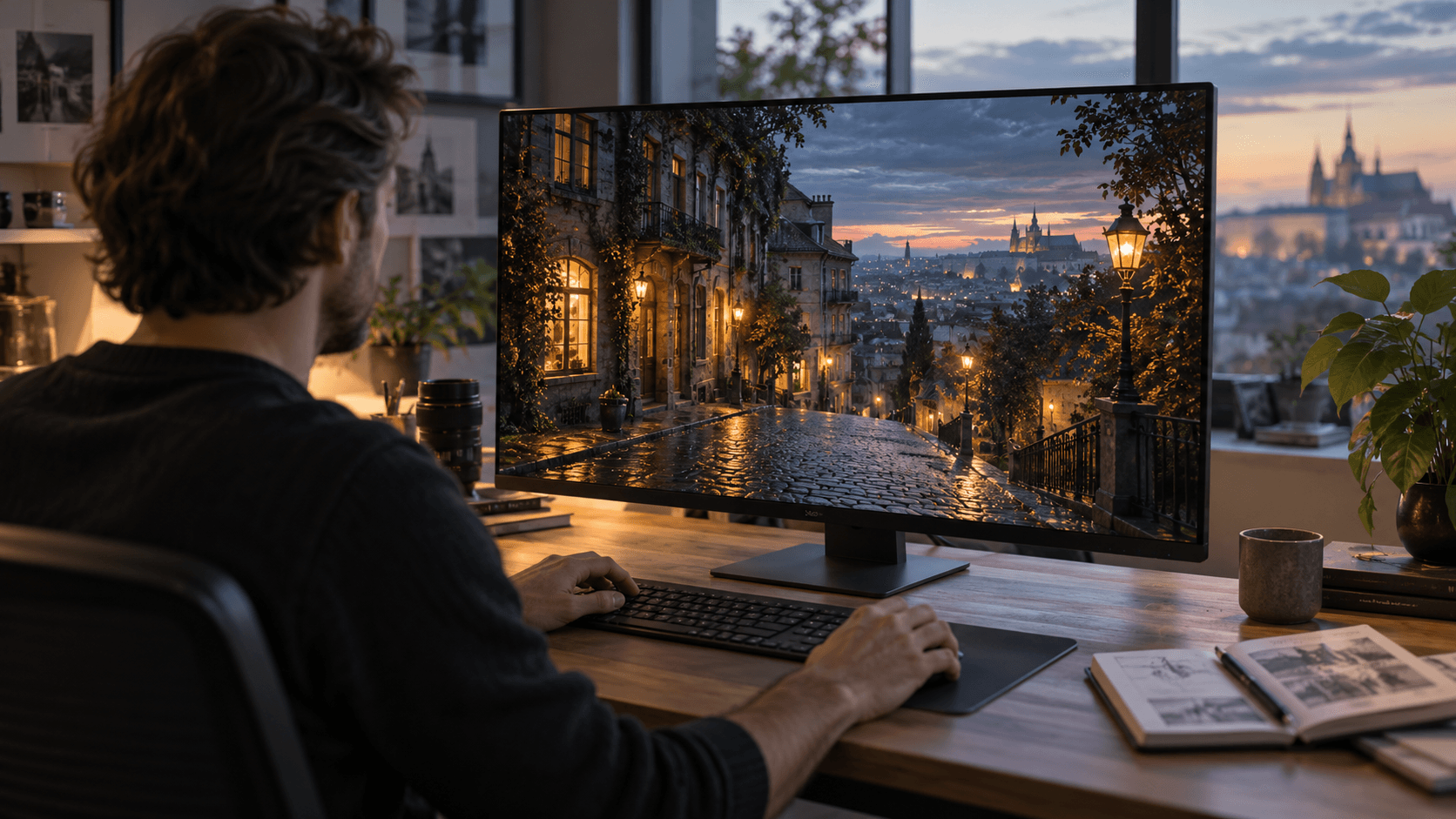 Kreativec u monitoru s návrhem městské scény; ilustrační fotografie vytvořená AI