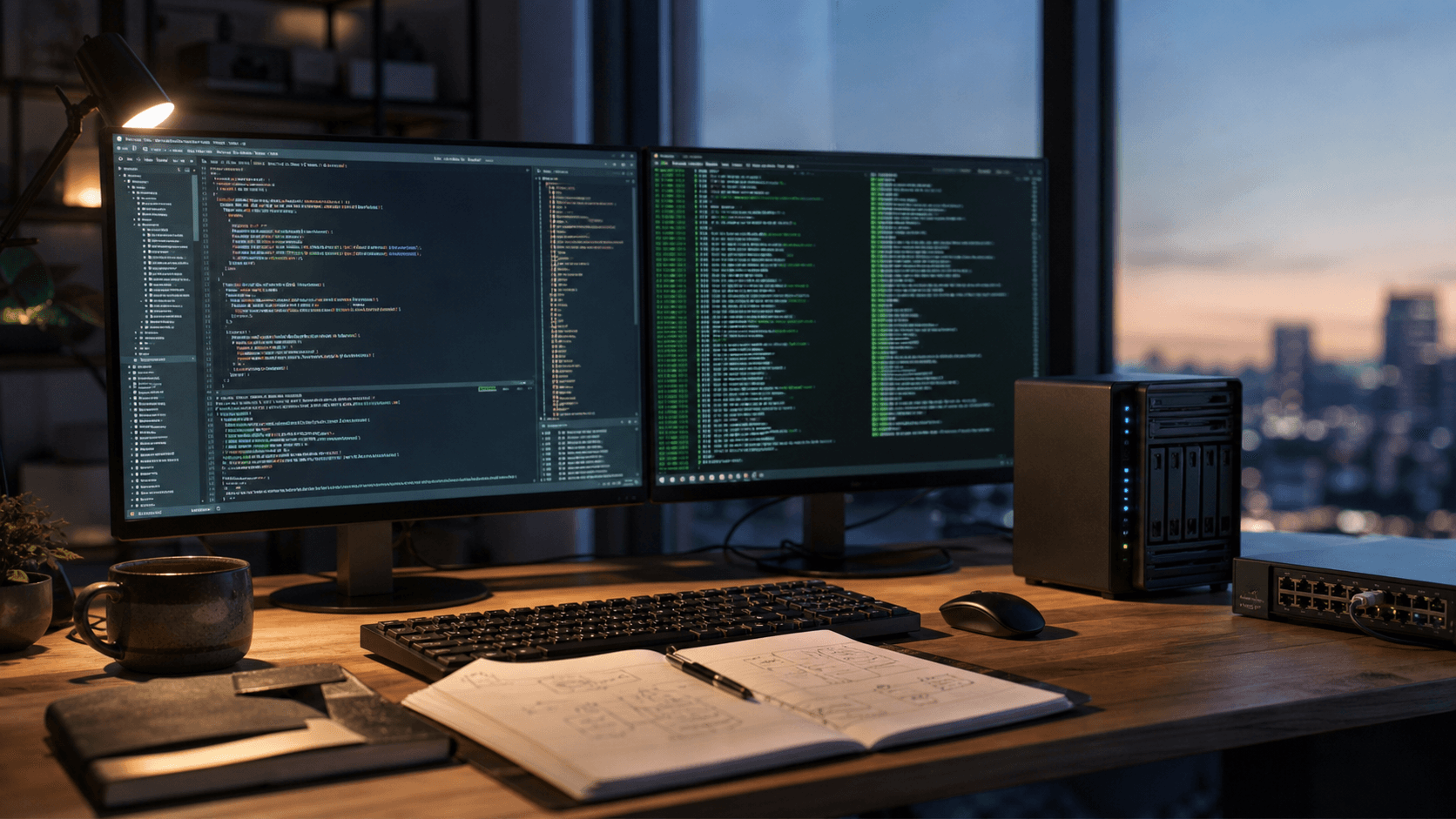 Pracovní stůl vývojářského týmu s kódem, terminálem a lokální serverovou jednotkou pro AI coding agenty