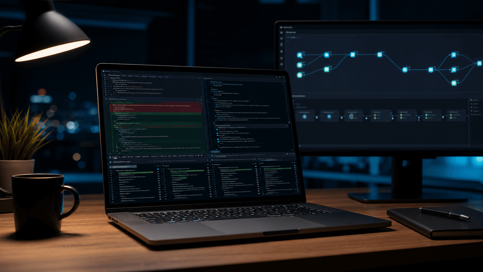 Realistická scéna vývojářského stolu s terminálovým AI coding agentem a repozitářovým dashboardem