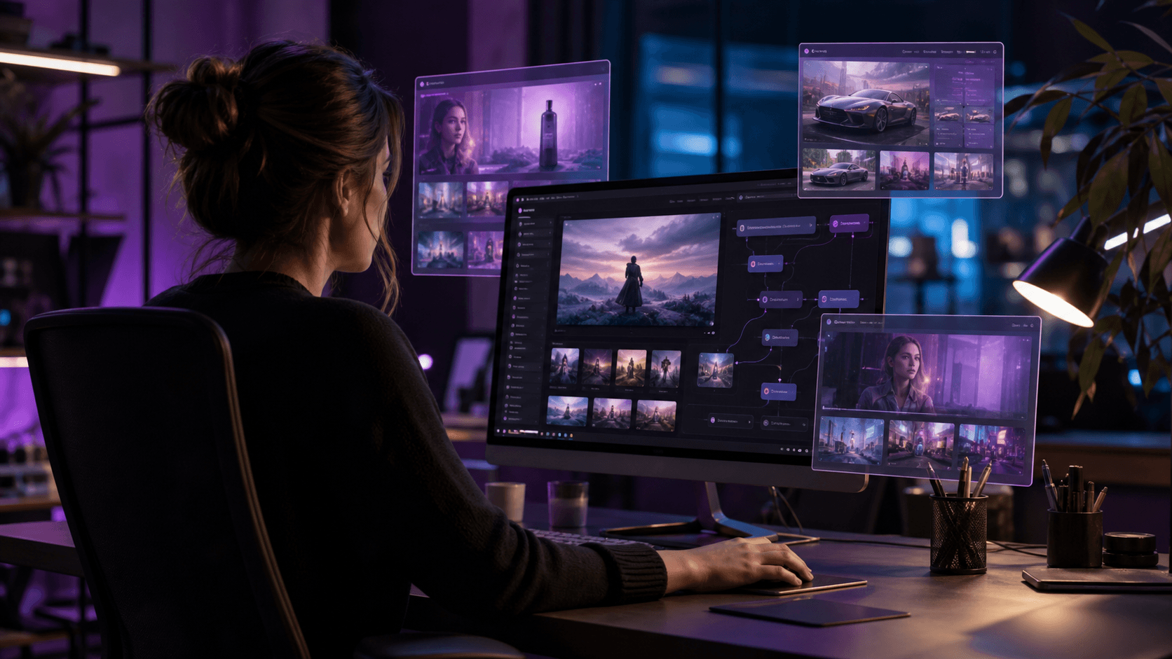 Realistický cover: kreativní tým řídí AI generování marketingových vizuálů přes agentní workflow