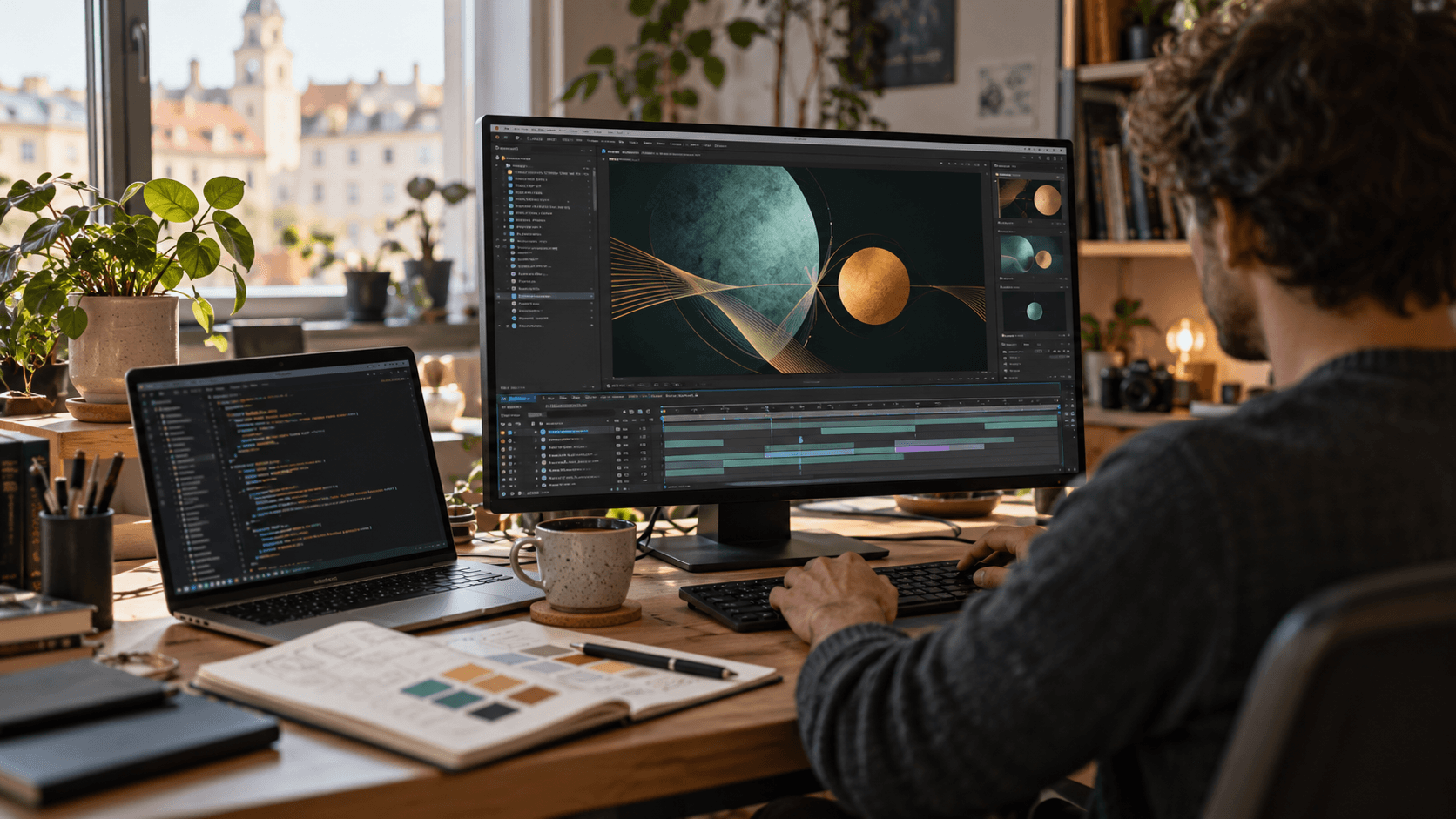 Video editor working with motion graphics and code in a daylight studio