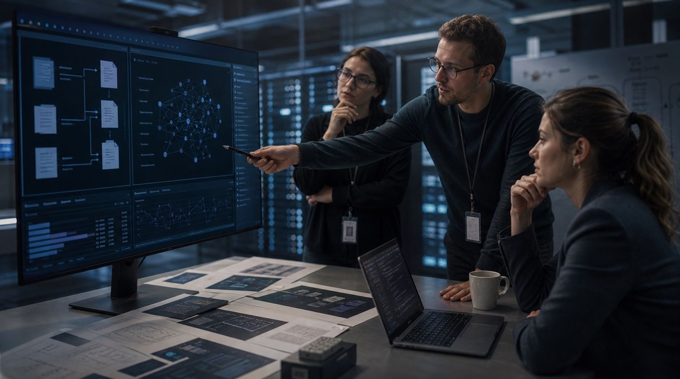 IBM Granite 4.1: enterprise AI tým u modelového a dokumentového dashboardu