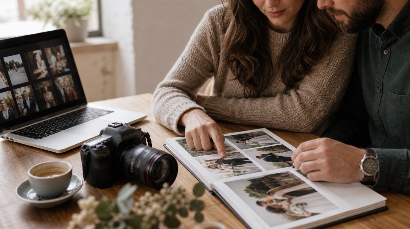 Jak vybrat svatebního fotografa: pár prochází portfolio a fotoalbum u stolu
