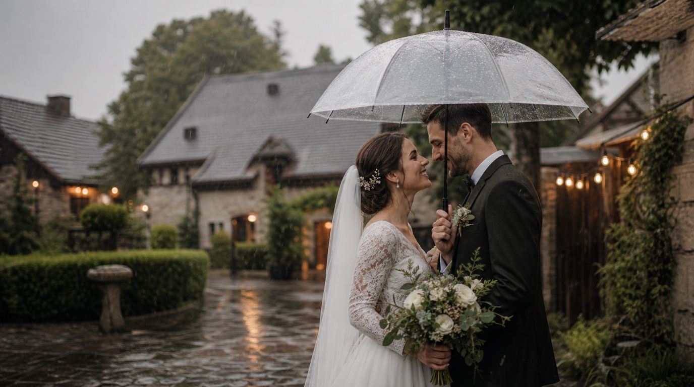 Když prší na svatbu: nevěsta a ženich pod průhledným deštníkem v dešti