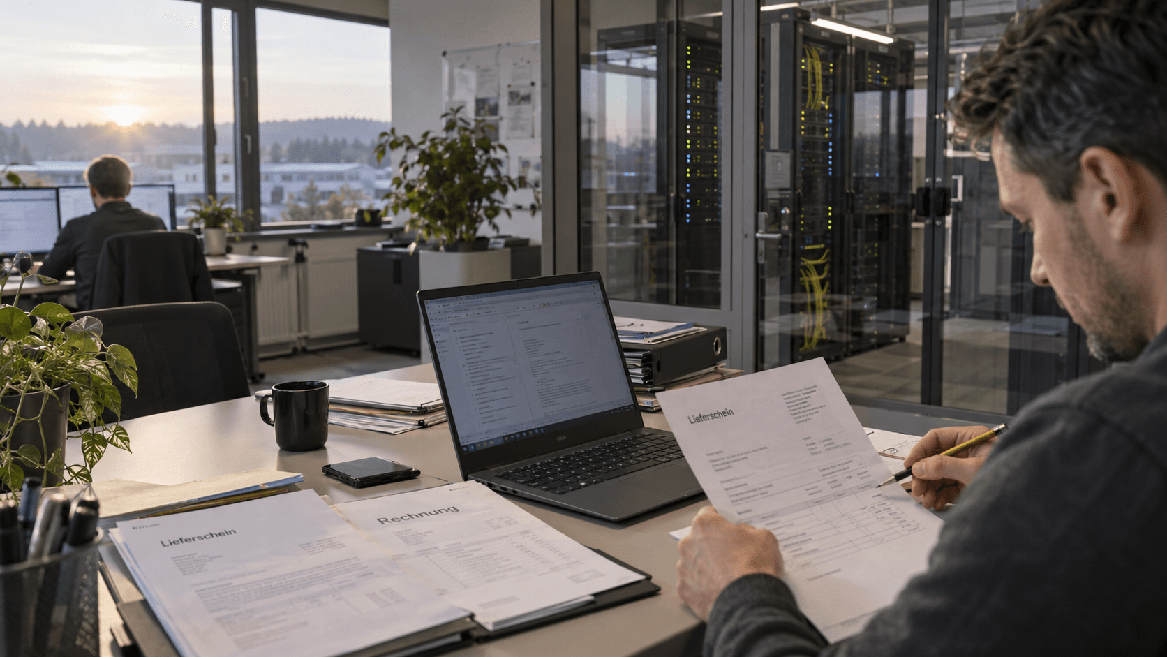 Engineer reviewing German supplier documents beside a company server room