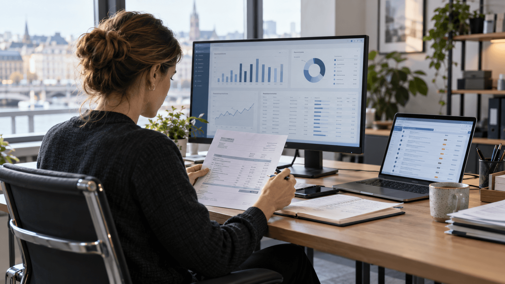 Analyst reviewing invoice data and a business dashboard